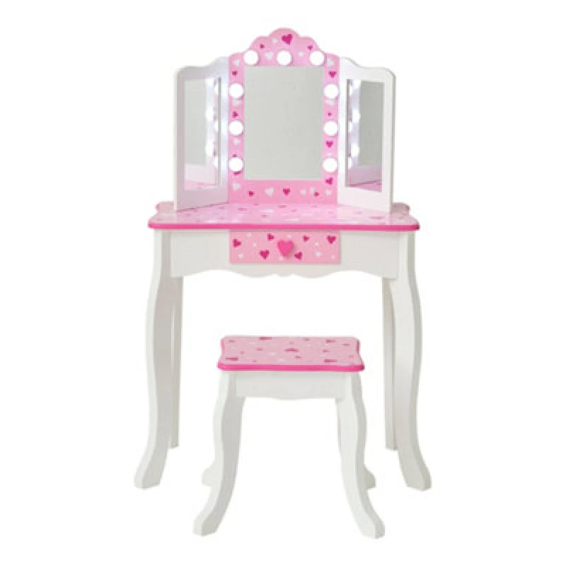 Image of Teamson Kids Kids Dressing Table Vanity & Stool With Tri-Fold LED Mirror