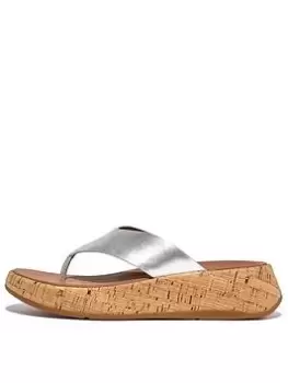 image of FitFlop F-mode Leather Cork Flatform Toe-post Sandals - Silver, Metal, Size 8, Women