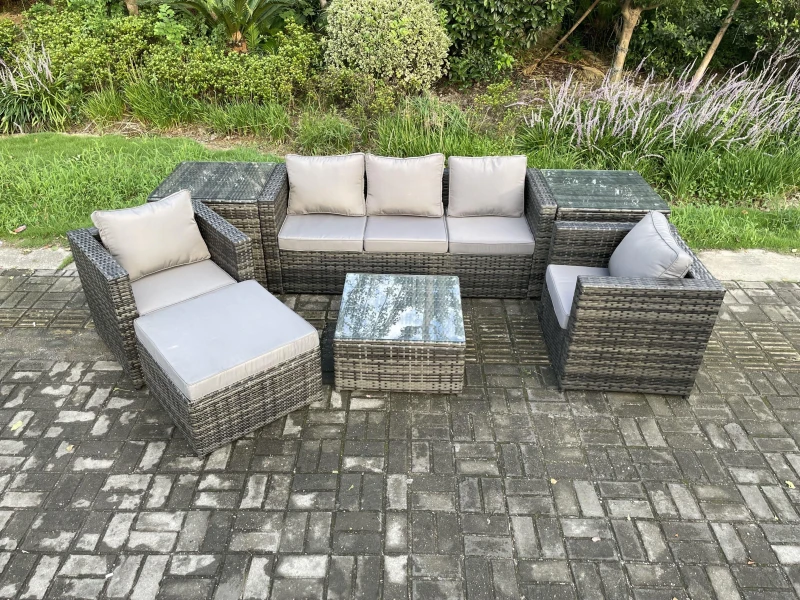 Image of Fimous Wicker 7 Pieces Rattan Garden Furniture Sofa Set with Armchair 2 Side Tables Square Coffee Table Dark Grey Mixed Dark Grey