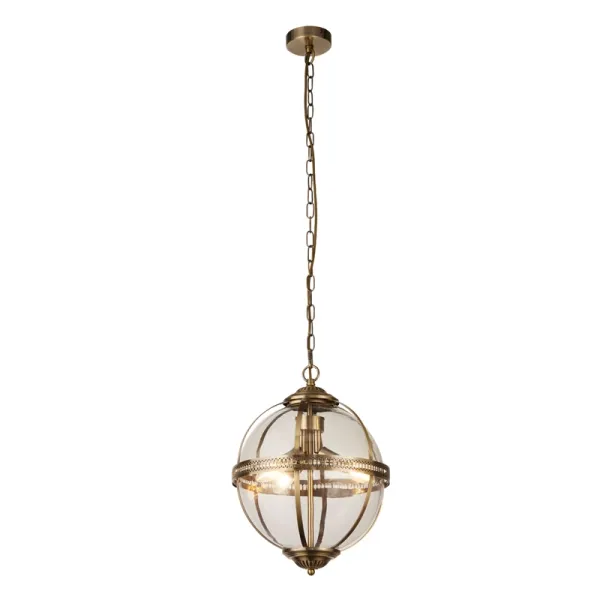 image of Searchlight Coronet 3 Arm Glass Ceiling Pendant Light - Antique Brass