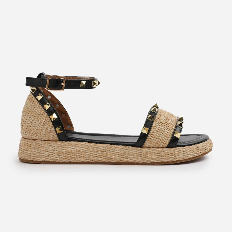 Image of Wheres That From Black-PU Aviva Wide-Fit Studded Gladiator Espadril Black female 4