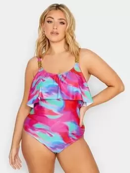 Image of Yours Psychedelic Swirl Frill Swimsuit, Purple, Size 16, Women