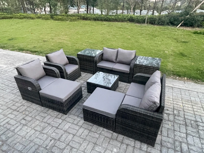 Image of Fimous Garden Furniture Set Rattan Outdoor Lounge Sofa Chair With Tempered Glass Table 2 Big Footstool 2 Side Tables Dark Grey Mixed Dark Grey