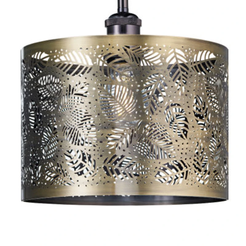 Image of Happy Homewares Contemporary Antique Brass Metal Pendant Light Shade With Fern Leaf Decoration