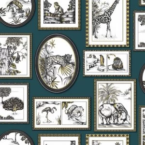 image of Holden Decor Safari Frames Animals Teal/Gold Wallpaper Paper