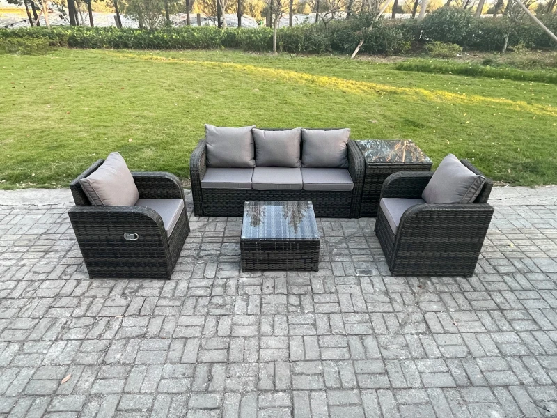 Image of Fimous Garden Furniture Sets 5 Seater Wicker Rattan Furniture Patio Sofa Sets with Reclining Chair 3 Seater Sofa Side Table Dark Grey