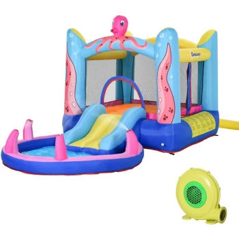 image of Outsunny - Kids Bounce Castle House Inflatable Trampoline Slide Water Pool 3 in 1 with Inflator for Kids Age 3-8 Octopus Design 3.6 x 1.75 x 1.8m