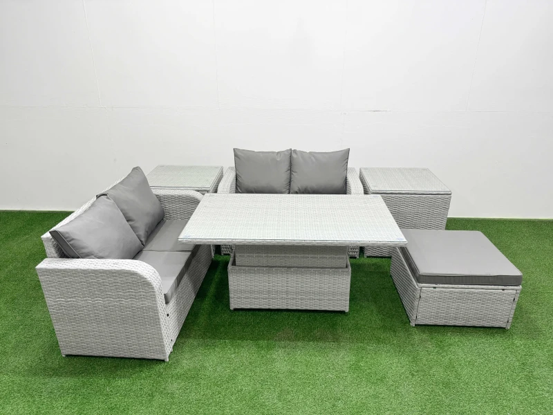Image of Fimous 5 Seater Outdoor Love Sofa Set Rattan Garden Furniture Set with Adjustable Lifting Dining or Coffee Table Big Footstool 2 Side Tables Light Gre