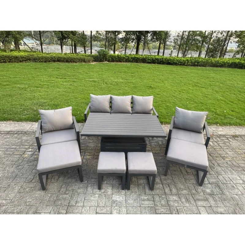Image of Fimous Aluminum 9-Seater Sofa Set with Lifting Table, 2 Chairs & 4 Footstools in Dark Grey Dark Grey Unisex