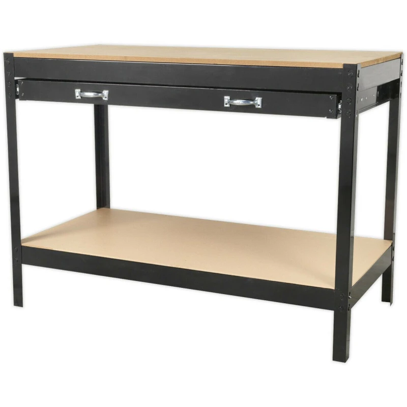 Image of Loops 1.2m x 0.6m Workbench - Heavy Duty Steel Frame & Wood Work Top with Draw & Shelf Metallics
