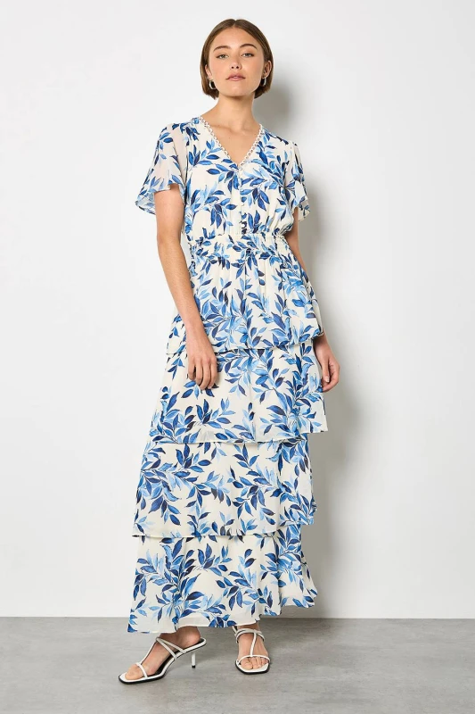 Image of Apricot Womens Watercolour Leaves Chiffon Tiered Maxi Dress in Blue Size: 12 Blue Female 12