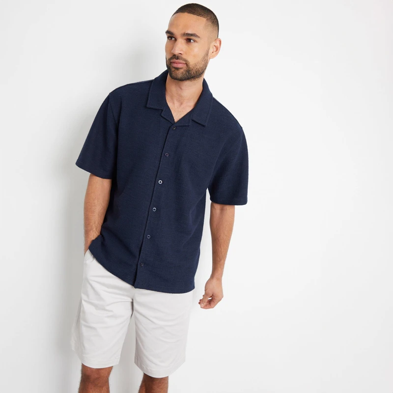 Image of Threadbare Antti Textured Revere Collar Short Sleeve Shirt Navy male M