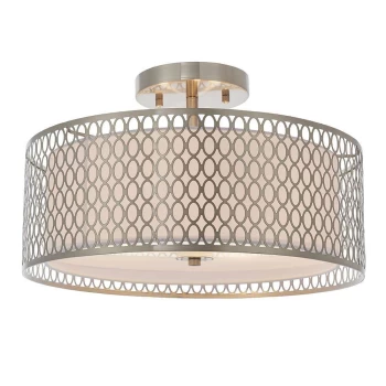 Image of 3 Light Flush Light Satin Nickel Plate & White Cotton Mix, E27