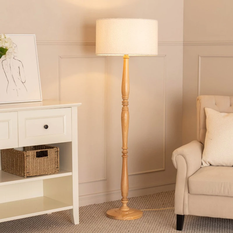 Image of ValueLights Victoria Candlestick Light Wood Floor Lamp with Cream Boucle Drum Lamp Shade Natural