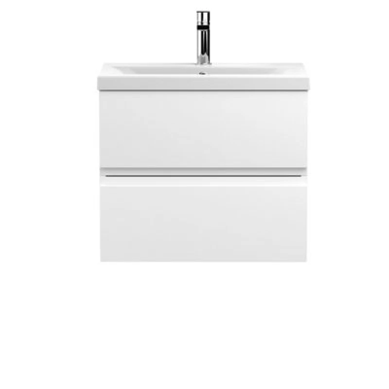 Image of Nuie Hudson Reed Urban Wall Hung 2 Drawer Vanity Unit With Mid-Edge Ceramic Basin, Modern Bathroom Furniture In Satin White, 600mm