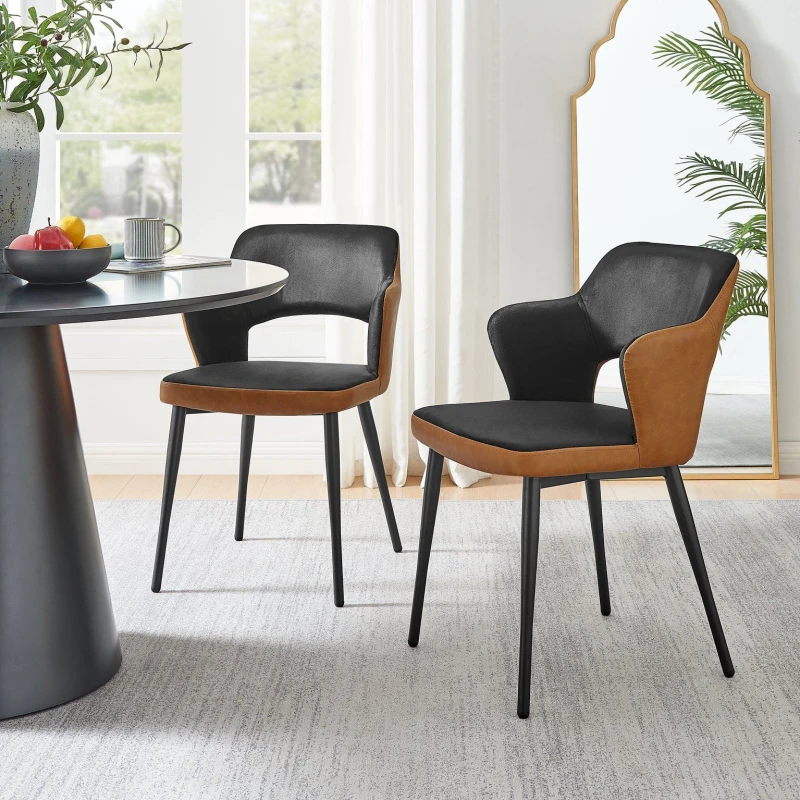 Image of FurnitureboxUK FurnitureboxUK Kai 2x Black Velvet Tan Faux Leather Black Leg Dining Chair Black One Size Unisex 5056657188597