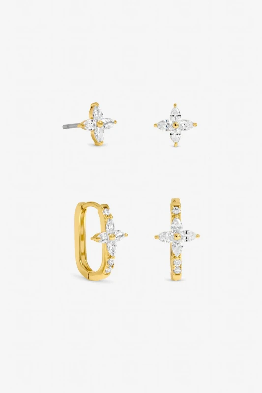Image of Jon Richard Womens Gold Plated & Crystal Floral Hoop & Stud Earrings - Pack of 2 Gold Female One Size