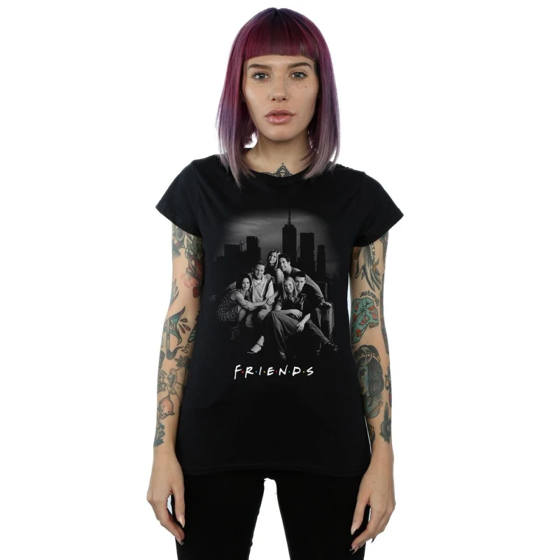 Image of Friends Group Photo Skyline Cotton T-Shirt Black female