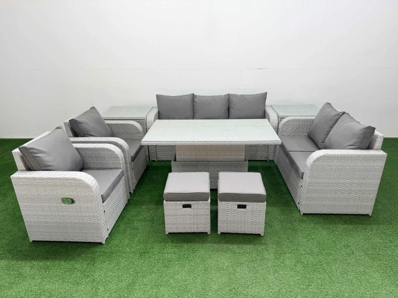 Image of Fimous PE Rattan Garden Furniture Set Adjustable Lifting Dining or Coffee Table 2 Stools 2 Side Table Light Grey