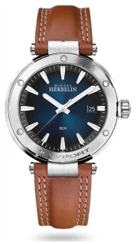 image of Michel Herbelin Newport Brown Leather Strap Blue Dial Watch