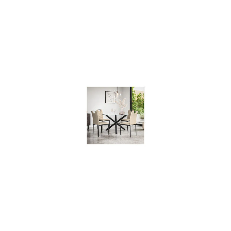 Image of More4Homes Malvern Round Dining Table & Chairs - Clear Glass Table Top w Solid Oak Black Legs + Monza Faux Leather Dining Chair Set Of 4 in Beige Beig