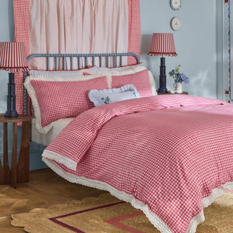 Image of Cath Kidston Painted Gingham Lace Reversible Cotton Single Duvet Cover Set With Pillowcase Red