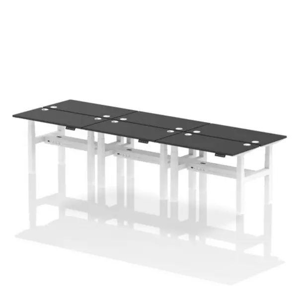 Image of Air Air Back-to-Back 1200 x 600mm Height Adjustable 6 Person Bench Desk Black Top with Cable Ports White Frame HASCP6P12600BLKW