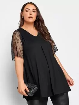 Image of Yours Pleat Swing Angel Sleeve Jersey Top - Black, Size 20, Women