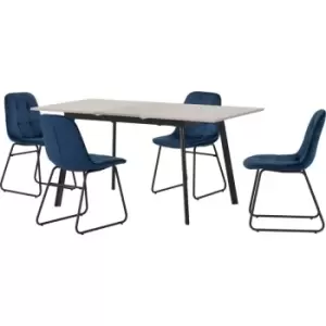 Image of Avery Extending Dining Table + 4 Lukas Chairs Set - Concrete & Blue Velvet