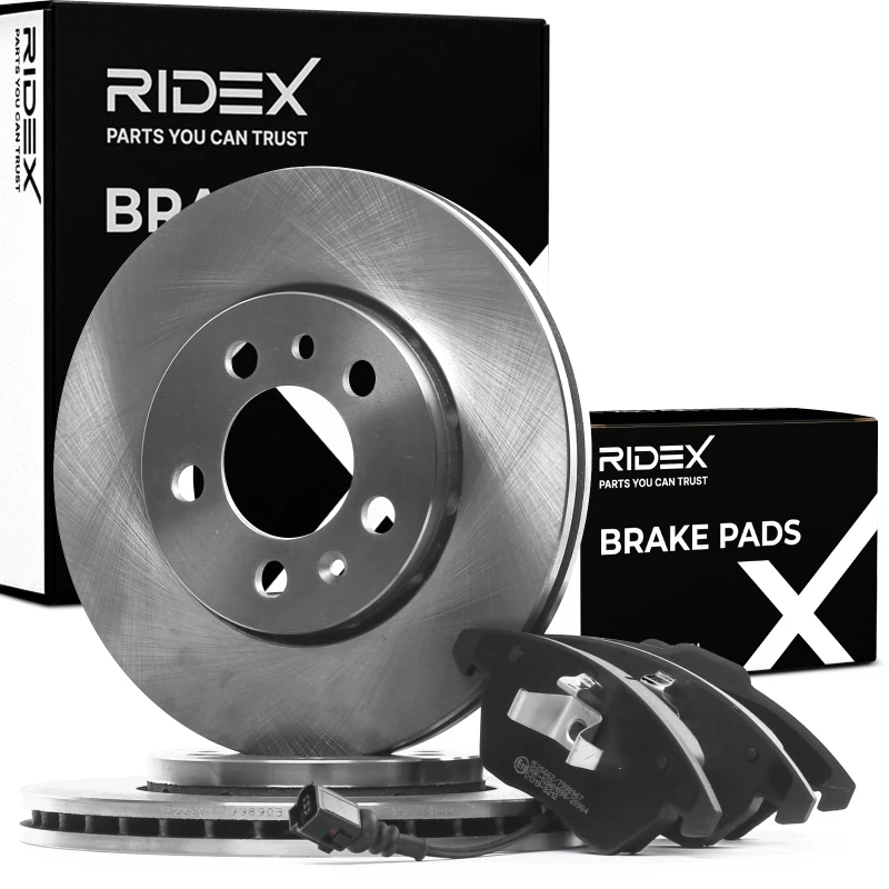 Image of RIDEX 3405B0857 Brake disc and pads set Front Axle, Brake Disc Type: Vented, incl. wear warning contact Brake Set,disc brakes (3405)