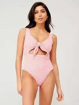 Image of PIECES Pieces Gingham Tie Front Swimsuit - Pink, Size XL, Women