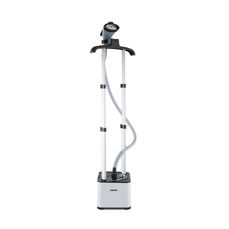 Image of Geepas 2000W Upright Garment Steamer Fabric Clothes 1.3L Water Tank 11 Stem Adjustable vertical height Setting White