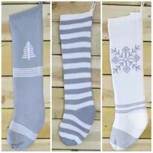 image of Winter Grey & White Christmas Stocking - Stripey/Christmas Tree/Snowflake