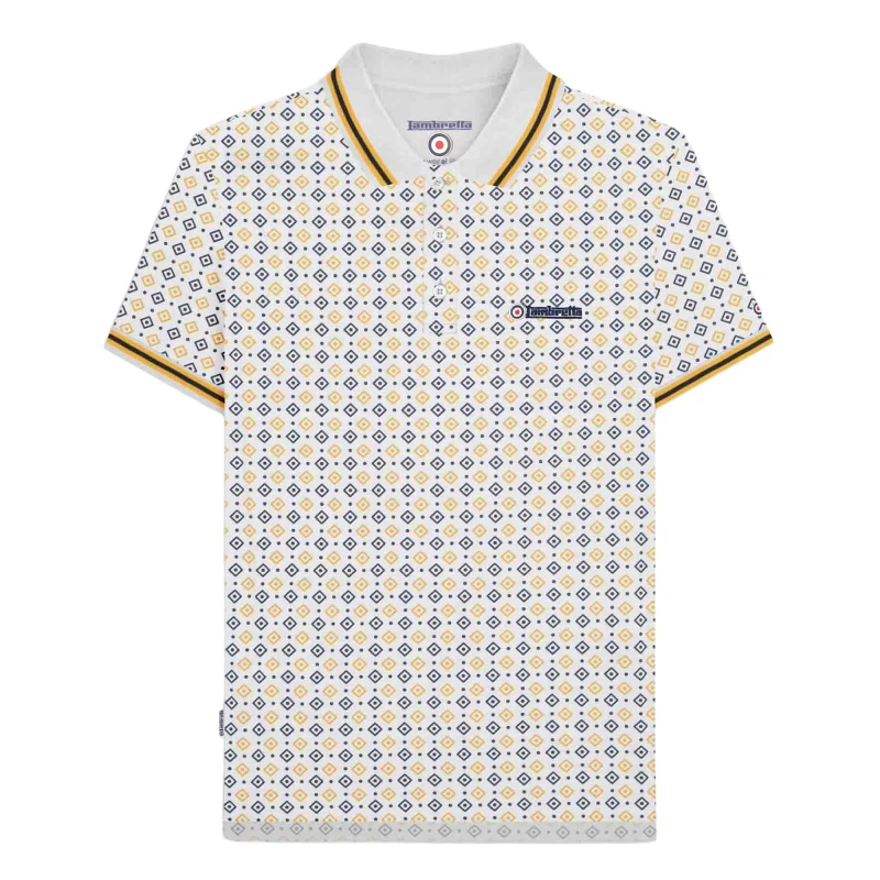 Image of Lambretta Lambretta Men SS25 Geometric Polo Shirt in White Size: Medium White M Male 5063703654036