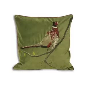 image of Paoletti Hunter Velvet Pheasant Cushion Cover, Green, 45 x 45 Cm