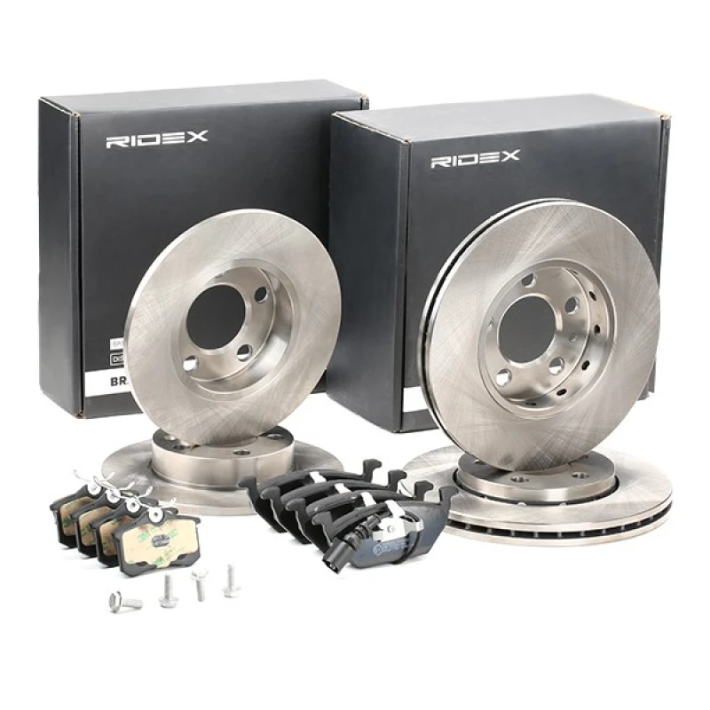 Image of RIDEX 3405B0252 Brake disc and pads set Front Axle, Brake Disc Type: Vented, incl. wear warning contact Brake Set,disc brakes (3405)