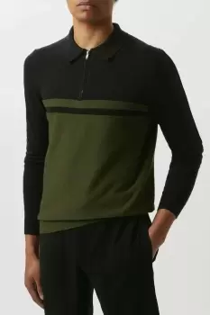 Image of Mens Super Soft Khaki Two Tone Knitted Zip Up Polo Shirt