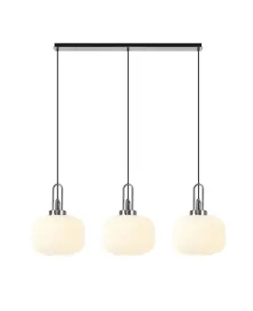 Image of Linear 3 Light Pendant E27, Polished Nickel, Matt Black With 30cm Round Ribbed Opal Glass
