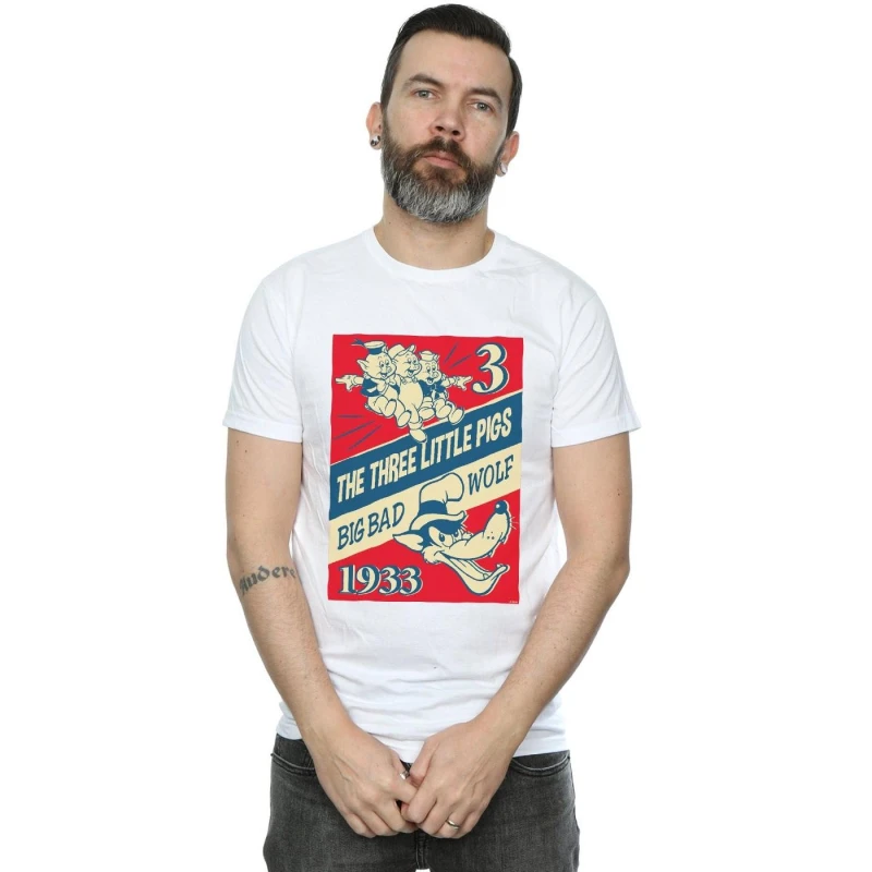 Image of Disney Men Three Little Pigs And The Big Bad Wolf T-Shirt in White Size: Small White S Male 5059308922366