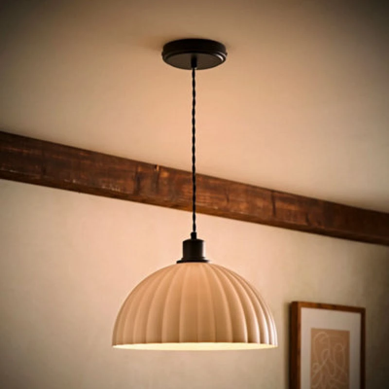 Image of Valuelights Bourton Matte Black Pendant Ceiling Light With Ribbed Dome Shade And Bulb
