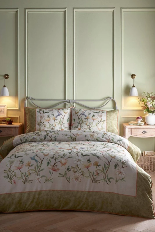 Image of Appletree 'Fiorella' 100% Cotton Floral & Bird Print Duvet Cover Set in Natural Size: Super King Natural Unisex Super King