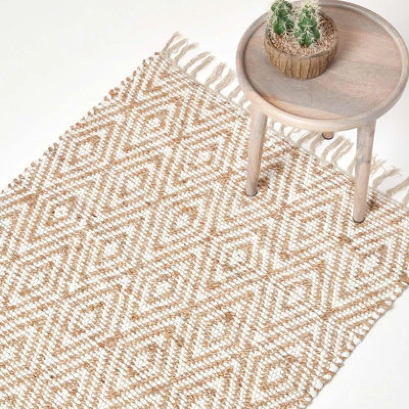Image of Homescapes Sierra Neutral Diamond Pattern Hemp Chindi Rug, 120 X 170 Cm
