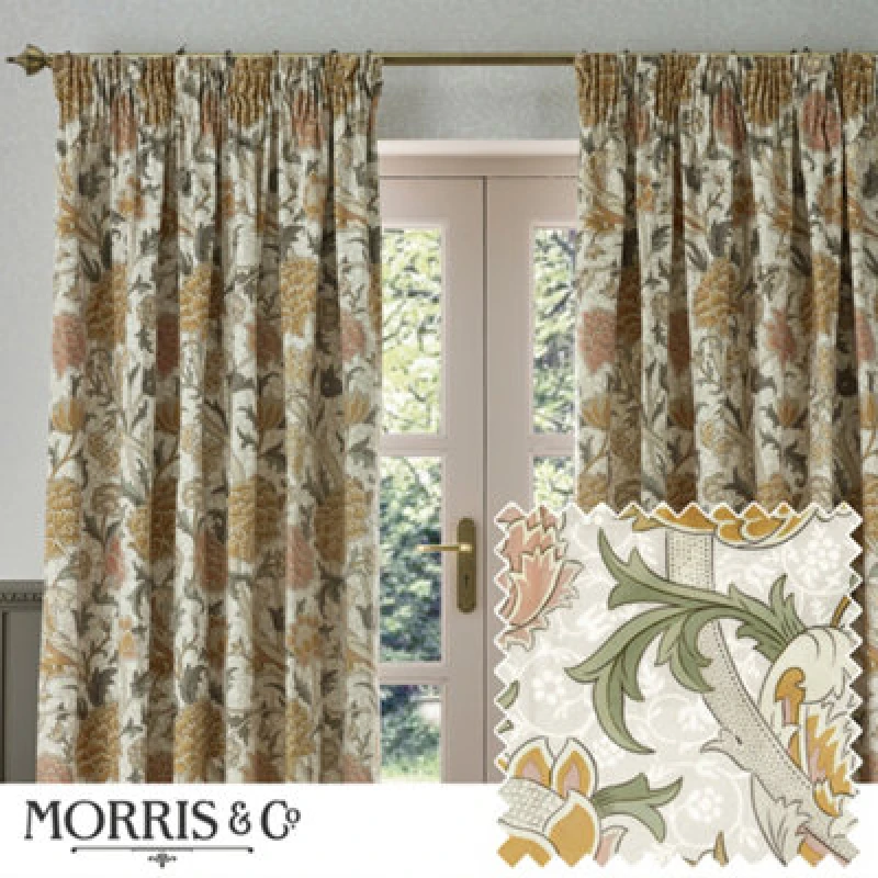 Image of Morris & Co Morris & Co Cray Floral Velvet Room Darkening Pencil Pleat Curtains in Stone Size: 229cm width x 183cm drop Stone 229cm width x 183cm dr