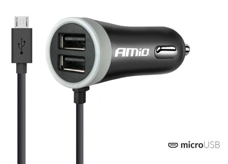 Image of AMiO 02056 Car mobile phone charger black, with pipe, Number of inlets/outlets: 2 USB; 1 Car mobile phone charger (100026)