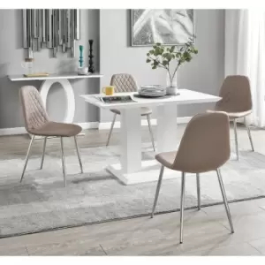 Image of Furniturebox UK - Furniturebox Imperia 4 High Gloss White Modern Dining Table And 4 Cappuccino Beige Corona Faux Leather Dining Chairs With Silver