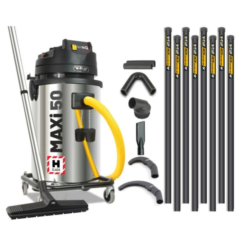 Image of V-TUF MAXi - 50L H-Class 230V 1750W Industrial Dust Extraction Vacuum Cleaner - 10m High Level Cleaning Kit & Pipe Cleaning Tools