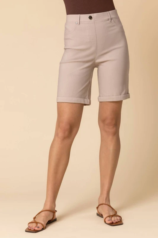 Image of Roman Womens Elastic Waist Turn Up Stretch Shorts in Natural Size: 14 Natural Female 14