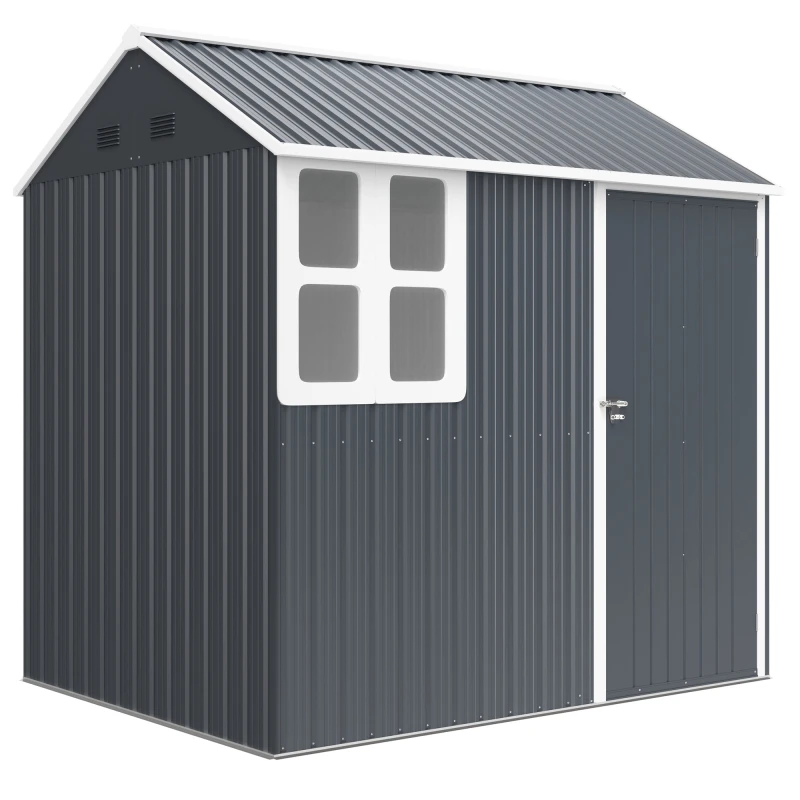 Image of Outsunny 7 x 6ft Metal Garden Shed Outdoor Storage Shed with Doors Window Sloped Roof Dark Grey