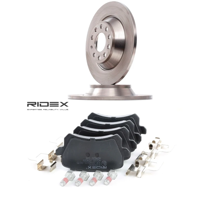 Image of RIDEX 3405B3412 Brake disc and pads set Rear Axle, Brake Disc Type: Solid, not prepared for wear warning indicator, with anti-squeak plate Brake Set,