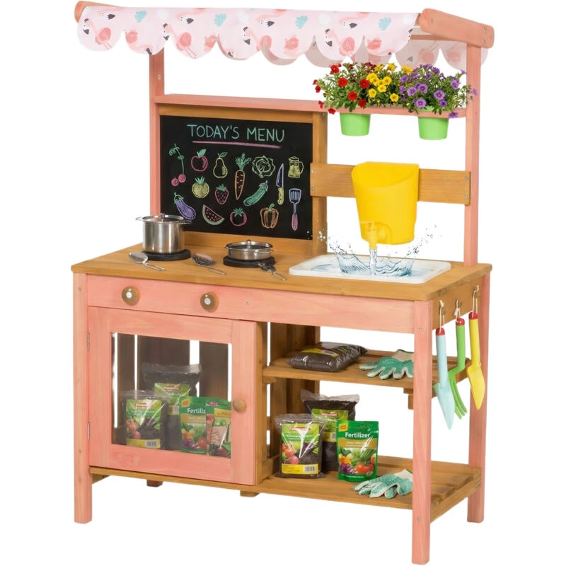 Image of Aiyaplay Wooden Kids Mud Kitchen With Canopy, Planter Box, Pink